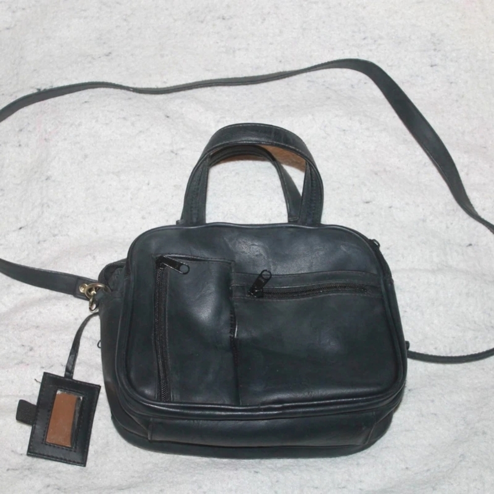Vintage Women's Black Vinyl All in One Organizer shoulder Bag Zipper Purse